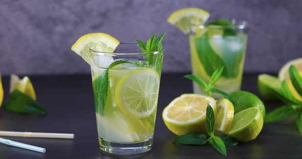 Cold Refreshing Summer Lemonade with Mint in a Glass