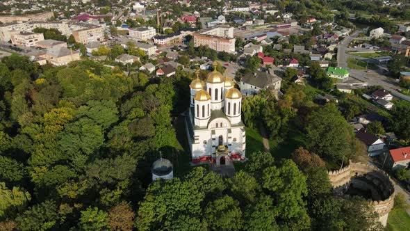 Aerial Shot The City Ostroh. Ostorg Castle. Theological Cathedral. Ukraine alt