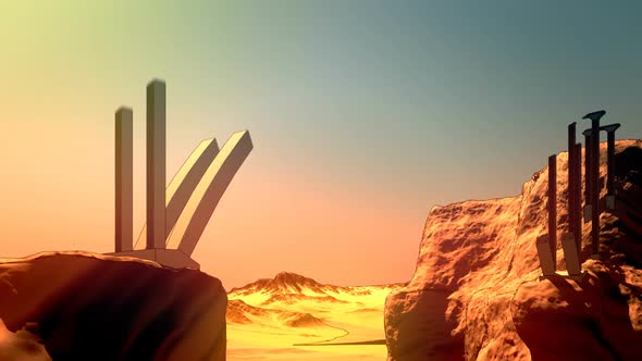 Conceptual animation of building a bridge spread over two opposite hills. HD alt