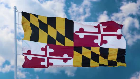 Maryland Flag on a Flagpole Waving in the Wind in the Sky alt