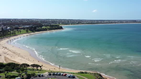 AERIAL Over Front Beach, Torquay Australia On A Sunny Day alt