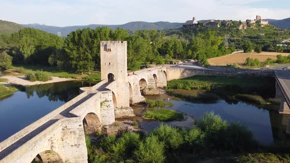 Aerial View of a Medieval Stone Bridge Over Ebro River in Frias, Historic Village in the Province of alt
