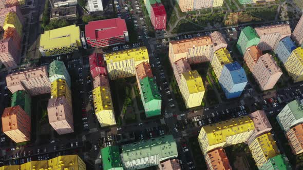 Top view of the colorful modern buildings, aerial footage from the drone  alt