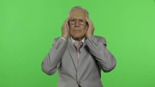 Elderly Businessman in Suit Suffer By Headache Pain Trouble. Old Senior Man alt