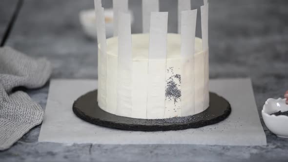 Unrecognizable Woman Pastry Chef Decorates Cake with Poppy Seeds