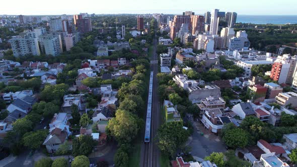 Aerial View of a Passenger Train in Buenos Aires, Argentina.