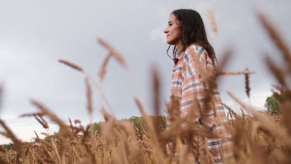 A Happy Girl in a Shirt Walks Across the Field and Touches Spikelets with Her Hands. alt