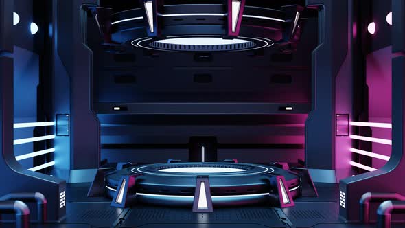 Cyberpunk sci-fi product podium showcase in empty spaceship room with blue and pink background