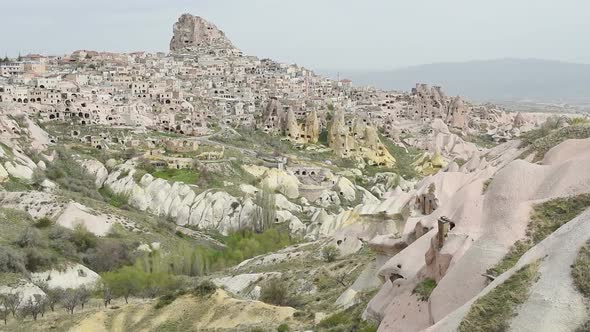 View of Cave Houses in Rock Formation at Ortahisar. Cappadocia. Nevsehir Province