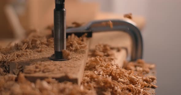 Woodworker Drills Holes in Wooden Plank with Drilling Machine in Slow Motion Carpentry at Workshop alt