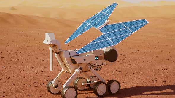 Planetary rover charging batteries. The solar power robot having a break. alt