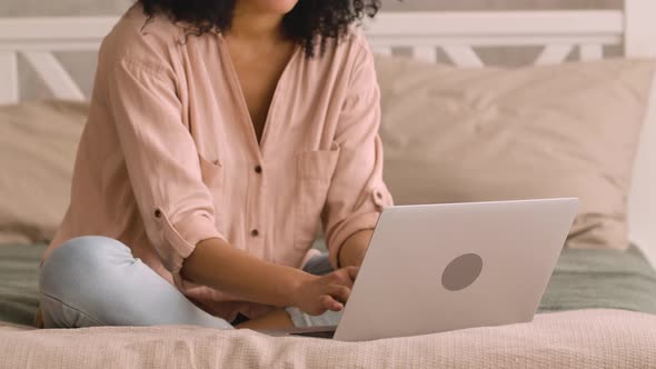 Portrait Cute African American Woman Studying Online or Working Using Laptop alt