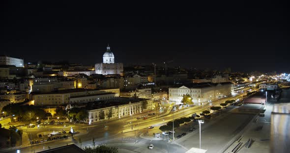 Downtown Lisbon, Portugal. Night Time Lapse of the Historic Old Town District alt
