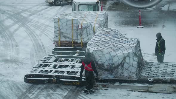Two airport laborers attempt to re a large pallet of goods from a conveyor belt and put them onto a alt