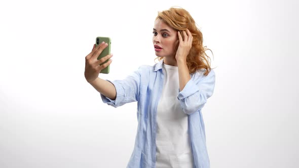 Cheerful Woman Touch Her Beautiful Hair for Video Beauty Blog Blogging alt