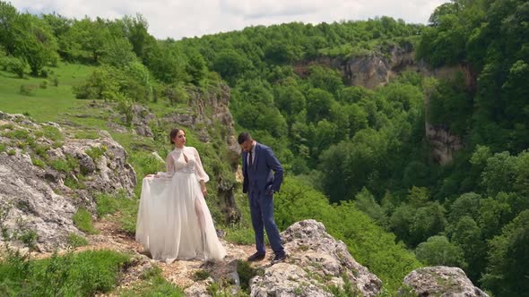 Beautiful Newlyweds Against Backdrop of Mountain Forest alt