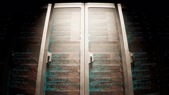 Countless vintage server cabinets in a render farm. Dark room spotlight. 4KHD alt