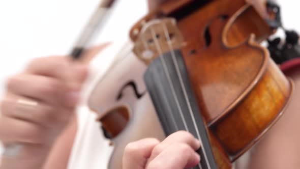 Violin in Female Hands, Getting Played By the Woman at White Background. Close Up. alt