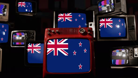 Flag of New Zealand on Retro TVs. 4K.
