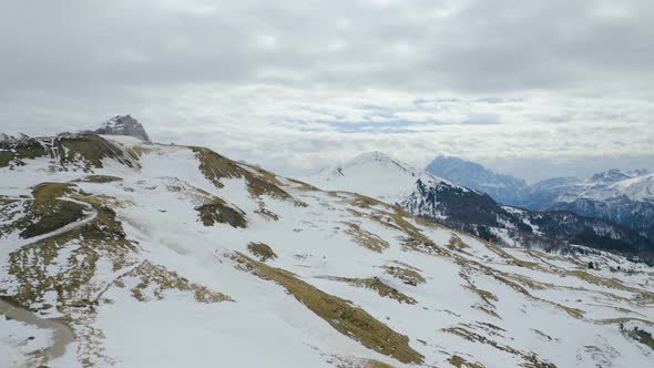 Aerial, Beautiful View On Snowy Dolomites Mountains