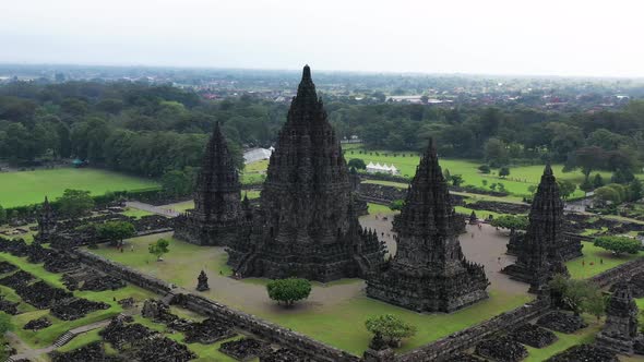 The Prambanan Hindu temple in Yogyakarta, Indonesia dedicated to Trimurti creator god, Aerial orbit alt