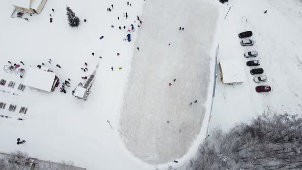 A Winter Ice Rink Filmed By a Drone on a Sunny Frosty Day