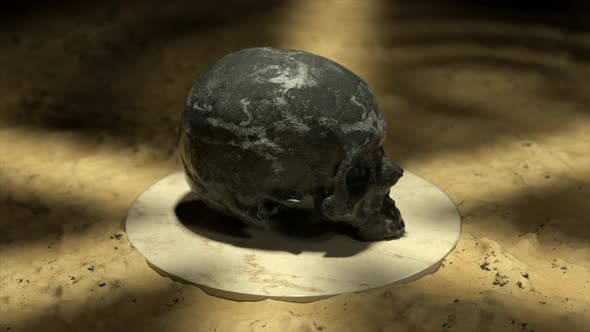 The Black Marble Skull Rotates and Flips on a White Platform in Sand alt