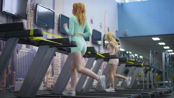 Wide Shot of Two Fit Sportswomen Running on Treadmill in Gym on Coronavirus Pandemic alt
