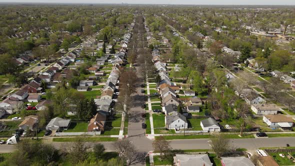 Aerial view of Residential neighborhood in Dearborn Michigan, forwarding drone shot, USA alt