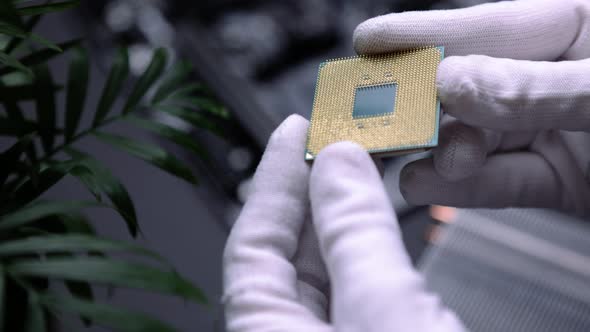 CPU Computer Chip. processor on socket on the motherboard. Technologies, nanometers electronics alt