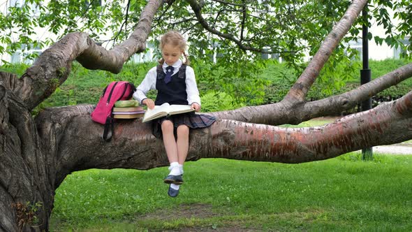 Schoolgirl Doing Homework on Tree Branch in Park alt