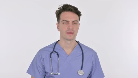Denying Gesture By Young Doctor on White Background alt