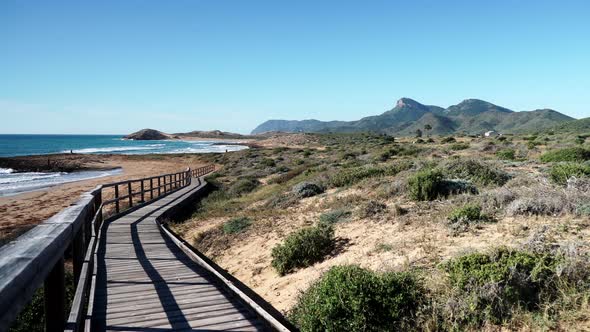 Beach With Wooden Path To Sea, Murcia Spain