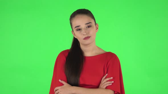 Portrait of Pretty Young Woman Communicates with Someone in a Friendly Manner. Green Screen alt