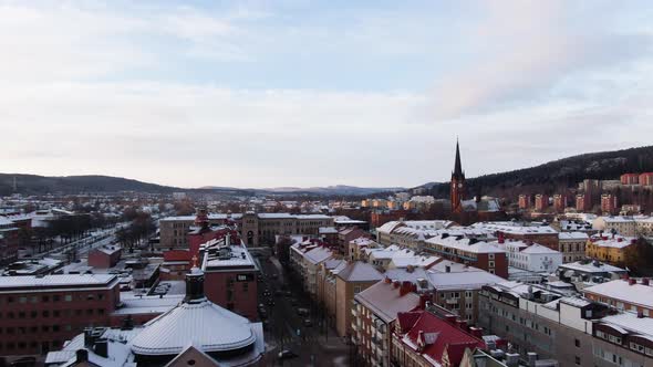 Fly Over Scenic Old Town Of Sundsvall In Vasternorrland County Sweden - aerial shot alt