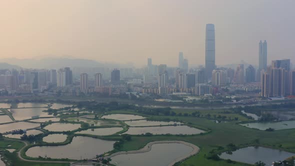 Skyline of Shenzhen City, China at twilight. Viewed from Hong Kong border. alt