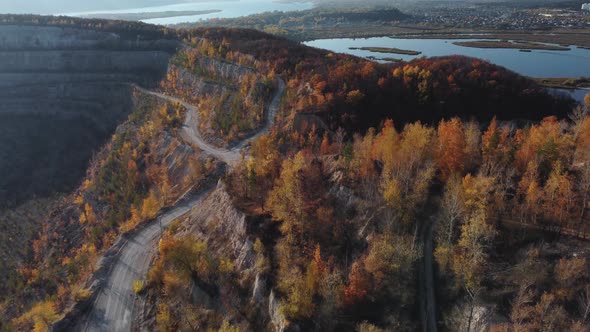 Aerial view of Volga river and an old abandoned quarry in Zhiguli mountain.