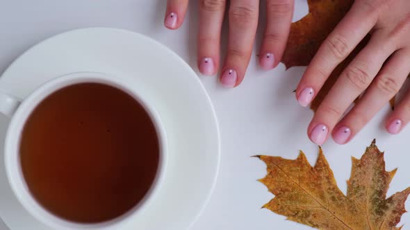 Woman Showing Hands with Beautiful Nude Manicure Holding Autumn Leaves alt