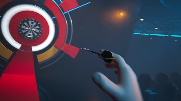 Player throwing a dart hitting perfectly in the bullseye of the dartboard. alt