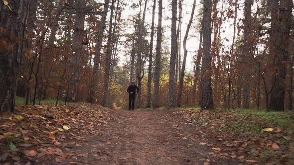 A Guy in a Black Dress is Training Runs Through the Forest Among the Pines Autumn