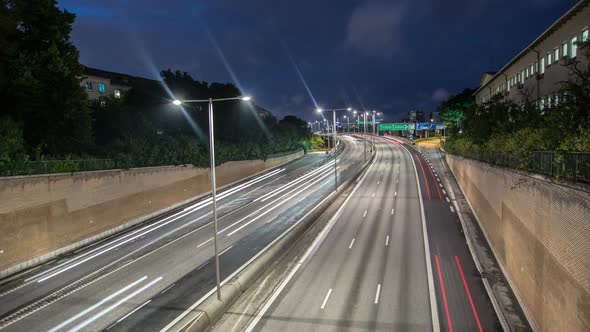 Time Lapse of Highway Traffic at Night in Stockholm Sweden