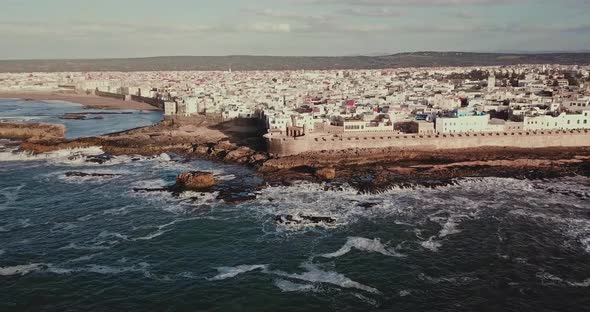 Aerial view of seagulls over Essaouira old city on Atlantic coast, Morocco