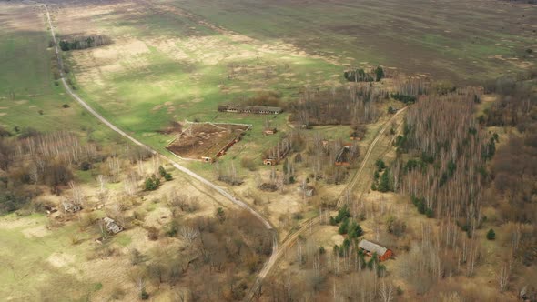 Aerial View Of Abandoned Ruined Farm In Chernobyl Chornobyl Zone