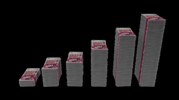 50 Gbp Banknotes  Money Stacks Rise Wave And Drop