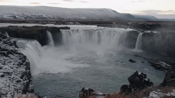 Godafoss Waterfall in Slow Motion at Sunset