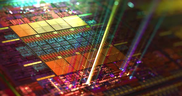 Abstract hologram 3D silicon CPU with futuristic matrix.  alt