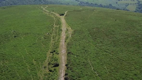 Aerial wide-shot tracking back over a dirt path in the middle of the moor in Dartmoor, England alt