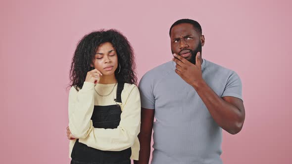 Pensive African American Man and Woman Thinking Over Problem Solution Guy Having Great Idea Lady alt