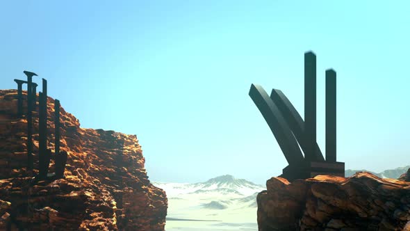 Conceptual animation of building a bridge spread over two opposite hills. HD alt