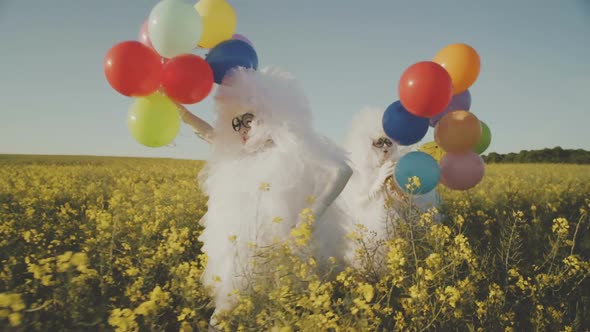 Two Funny Clowns Mime in White Air Suits and with Colored Balloons Walk Around the Field and Have